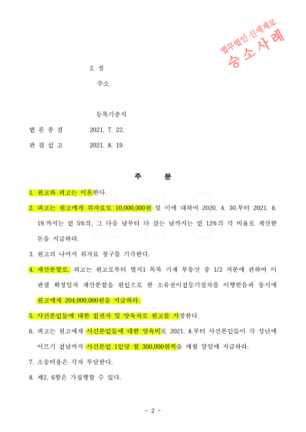 상대방의 잦은폭언으로 이혼청구하여, 재산분할 30%와 상대방의 면접교섭을 제한하는것으로 판결 승소 — 사례 자료 7