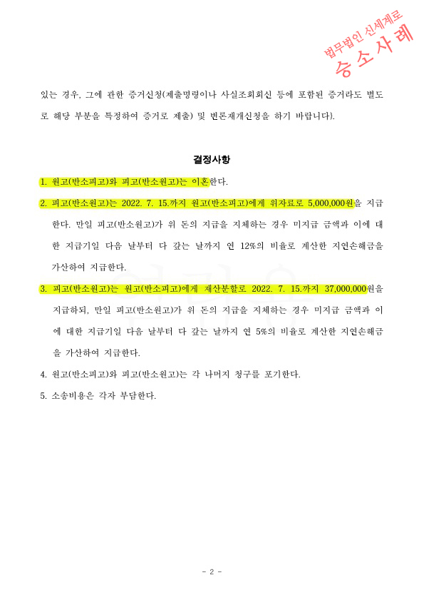부모님의 명의신탁한 재산을 재산분할대상에서 제외시키고, 오히려 상대방에게 위자료와 재산분할 받고 이혼확… — 사례 자료 5