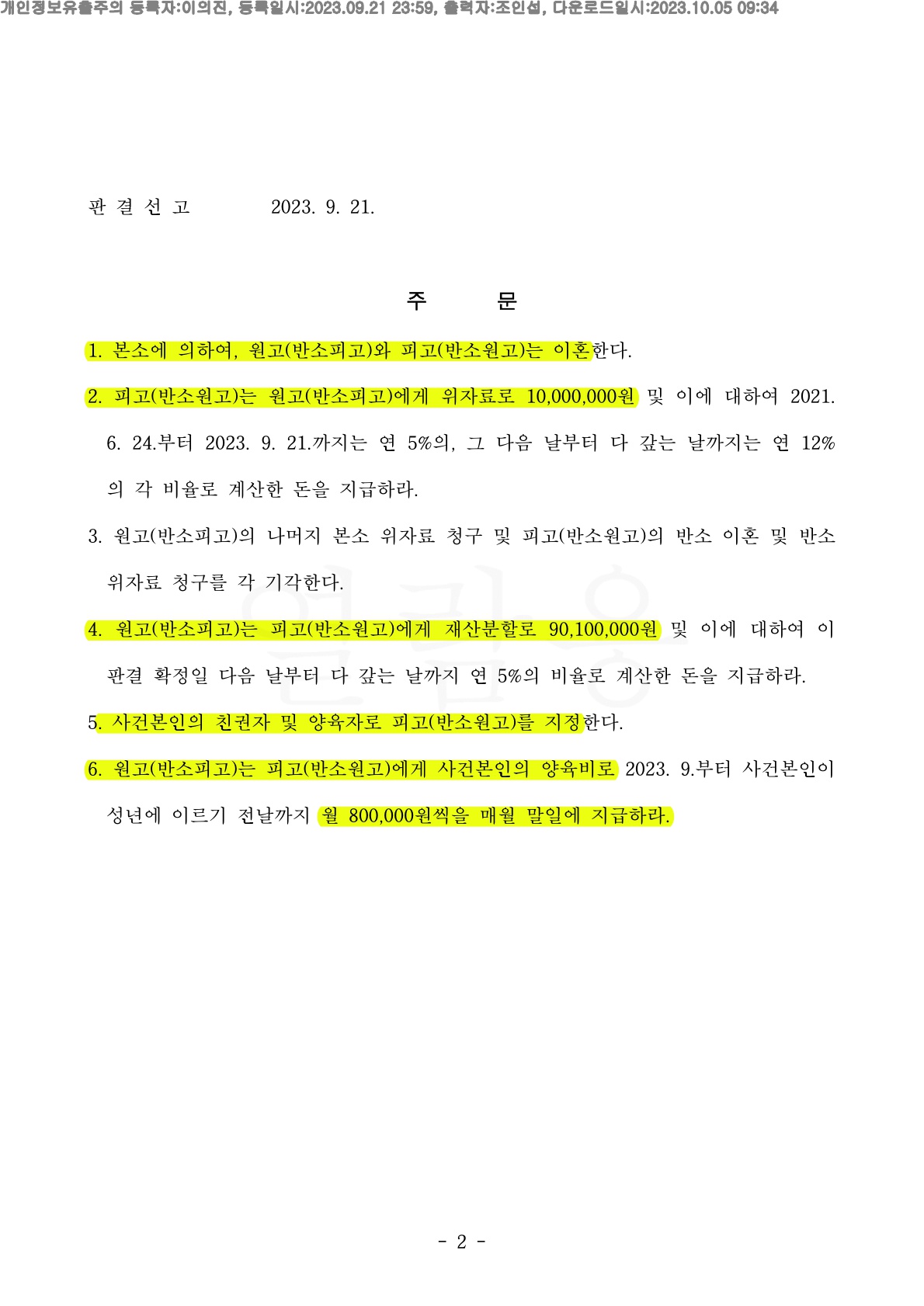 배우자의 부정행위로 이혼, 재산분할 65% 인정받으며 이혼승소한 사례 — 사례 자료 5