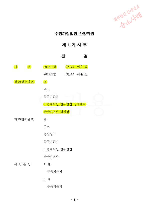 혼인기간 13년 정서적학대로 이혼청구, 재산분할 40%(1억9500만원 인정)과 자녀양육비 100만원씩(1인당) 인정받아 이… — 사례 자료 4