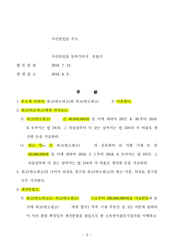 부인의 부정행위로 인한 이혼. 위자료 4000만원과 재산분할 55% 인정 승소 — 사례 자료 5