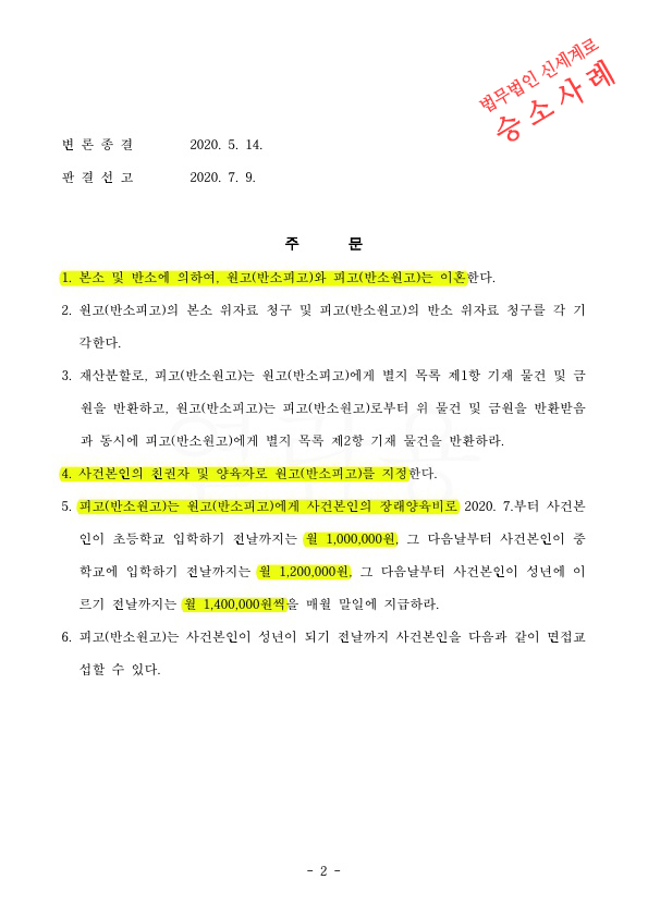 4년동안 친권양육권 다툼이 치열했던 이혼소송에서 1, 2심 모두 친권양육권확보하며 이혼 승소! — 사례 자료 5