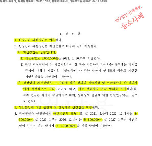상대방의 경제적무능력으로 이혼청구, 의뢰인 재산은 지키면서 이혼으로 조정성립 — 사례 자료 5