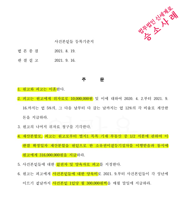 가정폭력피해로 이혼소송하여 위자료 1천만원과 재산분할 50%인정(3억1600만원)지급 받으며 이혼 승소판결 — 사례 자료 5