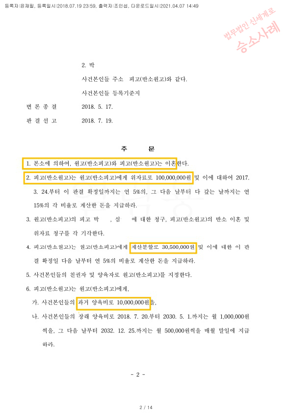 가정폭력 남편 징역 8개월 법정구속되고, 위자료 1억 지급받아 이혼 승소한 사례 — 사례 자료 6