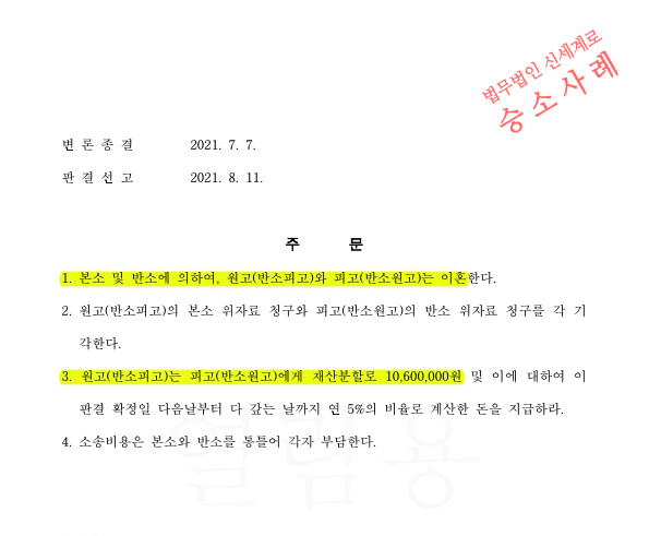 별거중 정리한 재산분할금에 대해 상대방이 추가로 2억을 청구하였으나, 1천만원가량만 지급하는것으로 이혼판… — 사례 자료 6