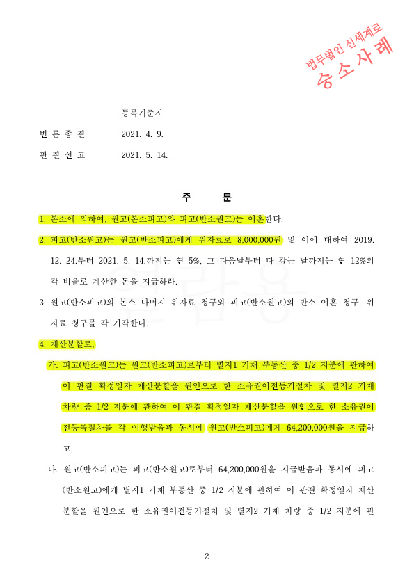 피고를 대리하여, 위자료 800만원으로 감액, 상대방의 분양받은 부동산을 재산분할에 포함시켜 재산분할 방어하… — 사례 자료 5