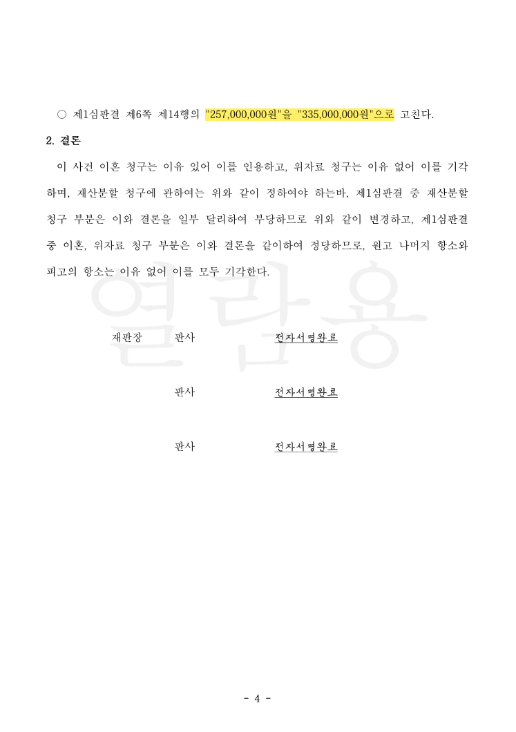 항소심에서 1심 재산분할 2억 5,700만 원을 3억 3,500만 원으로 증액, 상대방 항소는 기각시킨 사례 법률문서 3쪽