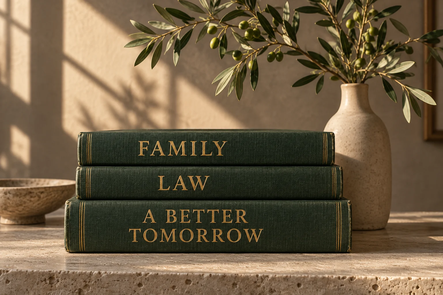 Family law books and an olive branch in warm afternoon light